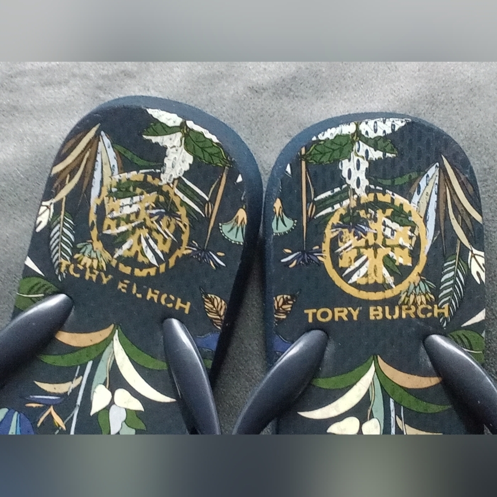Tory Burch Navy Floral Flip Flops - Picture 3 of 8